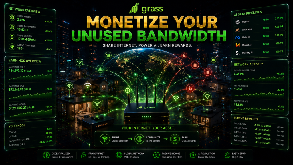 A detailed high-tech digital schematic against a dark background, showcasing a global network map with green and turquoise highlights. The large text at the top reads: "MONETIZE YOUR UNUSED BANDWIDTH" followed by "SHARE INTERNET. POWER AI. EARN REWARDS." below it. Multiple complex network data dashboards and metrics panels surround a central digital globe with a 'Grass' branded router icon. Smaller text details network benefits like 'Decentralized', 'Privacy Logs', 'Global Network', etc. and 'Your Internet. Your Asset. Share. Connect. Earn.'.