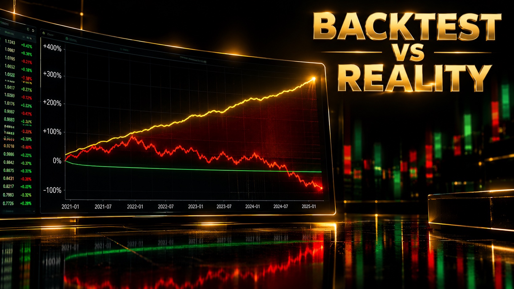 Equity curve chart showing a smooth backtest line diverging from a jagged live result