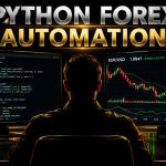 Trading terminal showing Python code beside live currency candlestick charts