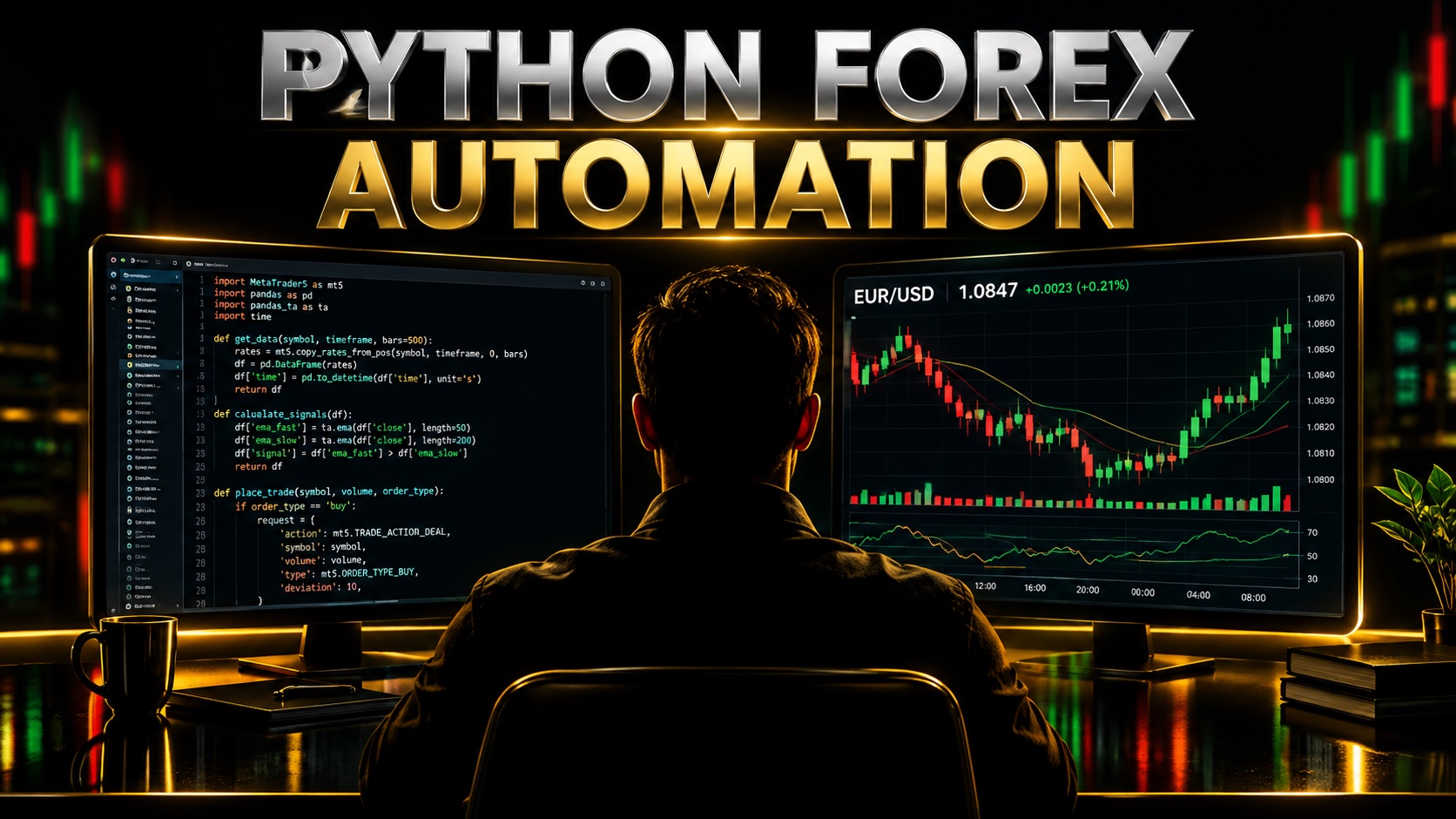 Trading terminal showing Python code beside live currency candlestick charts